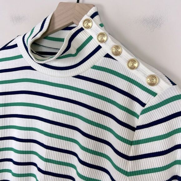 J. Crew Ribbed Turtleneck Top Striped Sailor Gold Buttons Size Medium - Picture 3 of 8